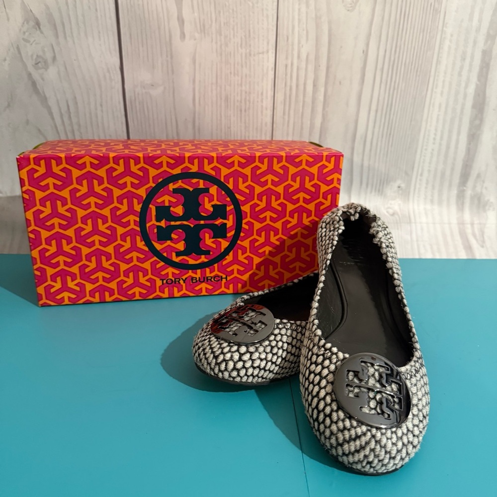 Tory Burch Snake Print Black Flats